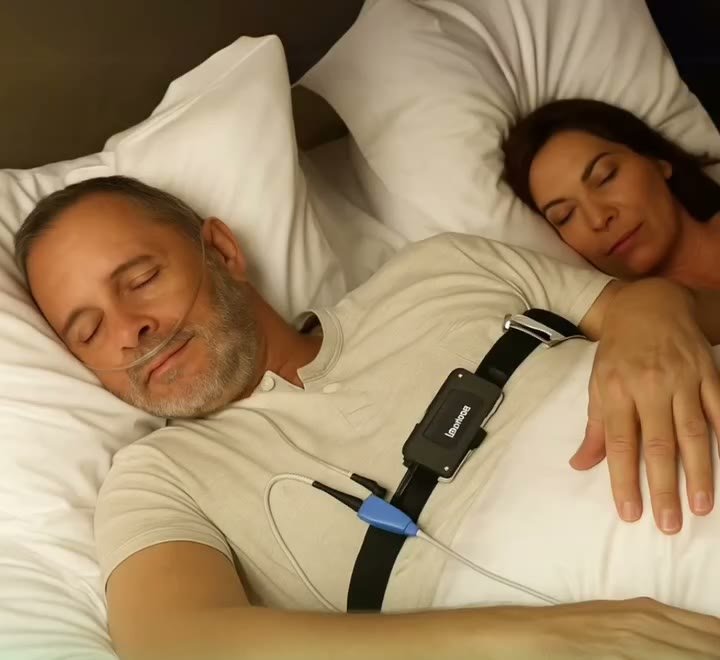 Paciente durmiendo con cánula nasal, banda en el pecho y sensor en el dedo durante un estudio de apnea del sueño